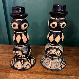 Blue & White Talavera Candlesticks. Made in Mexico and Signed by Artist.